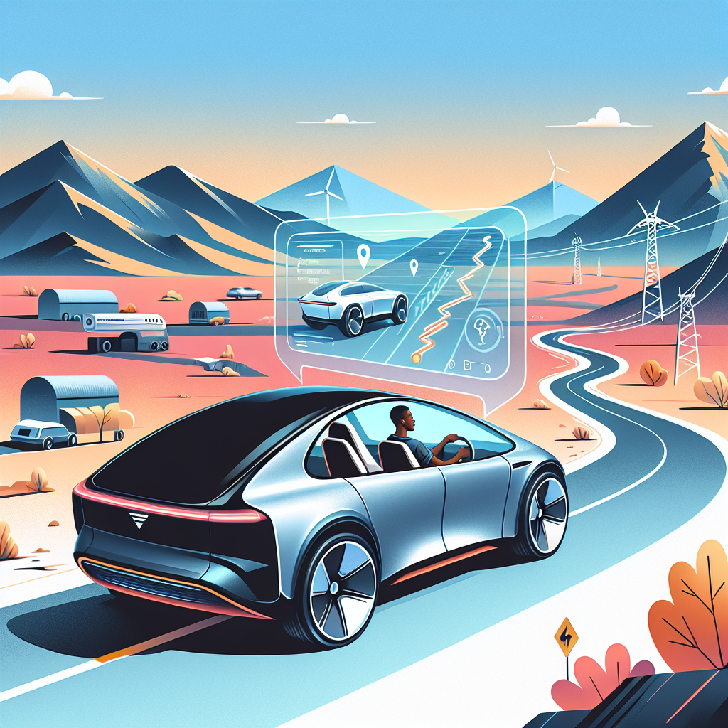 "Electric vehicle charging station along a scenic highway, showcasing real-time updates for EV road trip planning in a tech-driven travel guide."