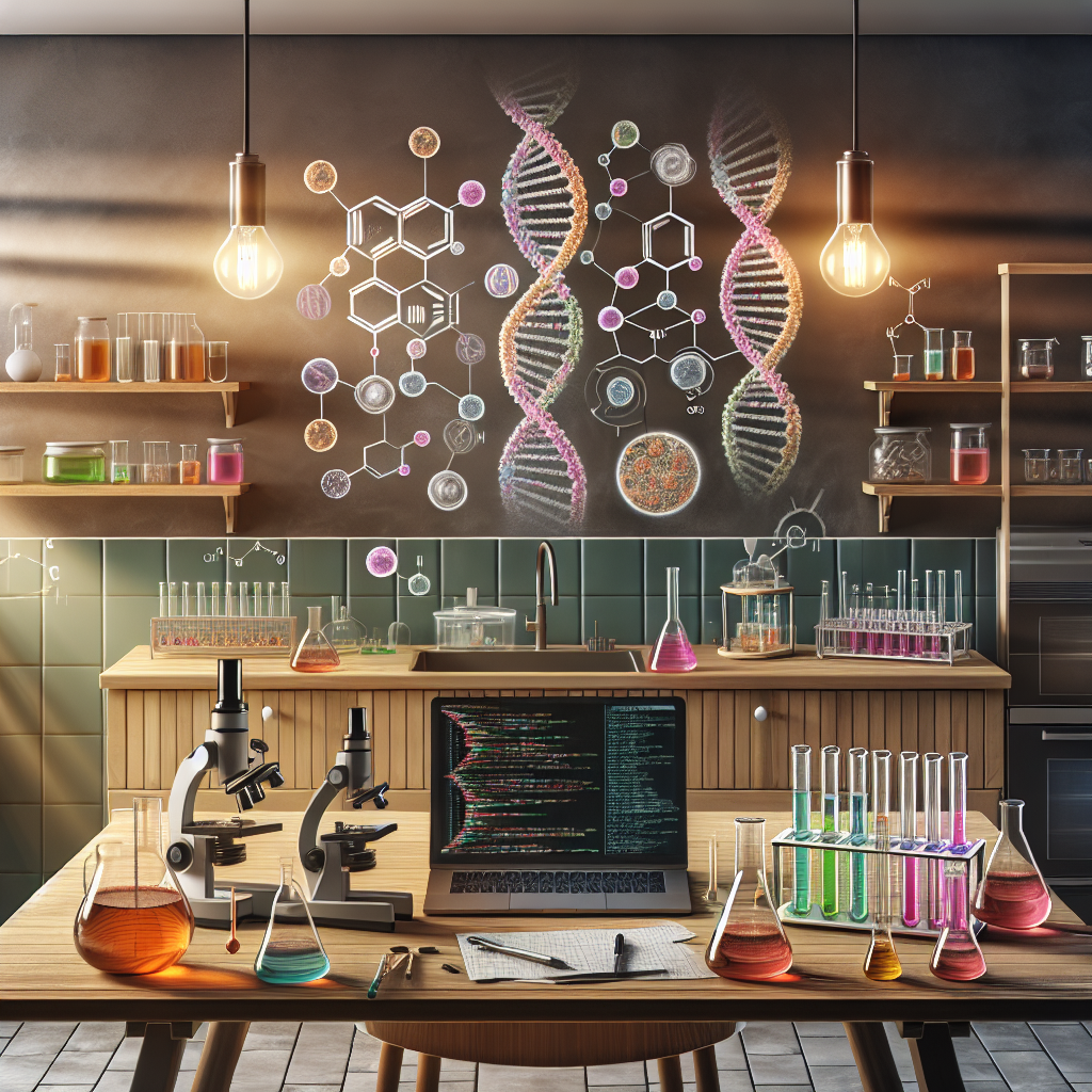 "Image of a homemade kitchen lab setup for bio-computing with petri dishes, pipettes, and biological circuits, illustrating DIY techniques for building basic biological systems."