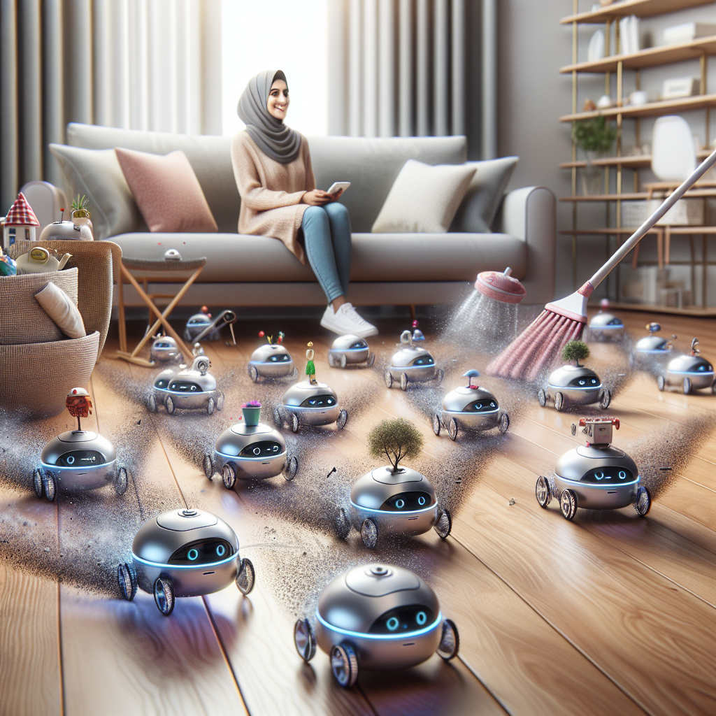 "DIY nanobot vacuum in action, showcasing a swarm of miniature robots efficiently cleaning a home environment for a sparkling finish."