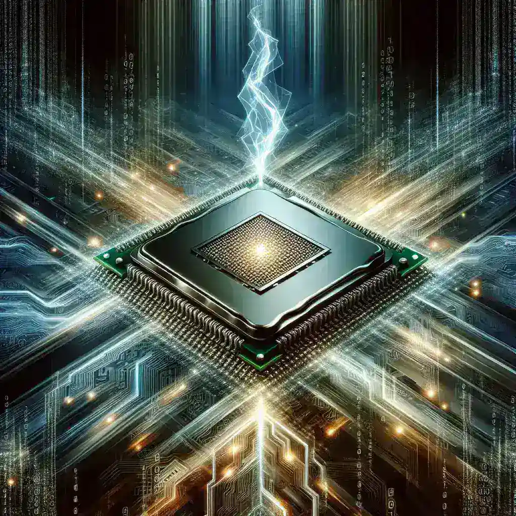 "AMD processor technology innovations featured in a high-tech computer setup, showcasing advanced computing capabilities and performance."